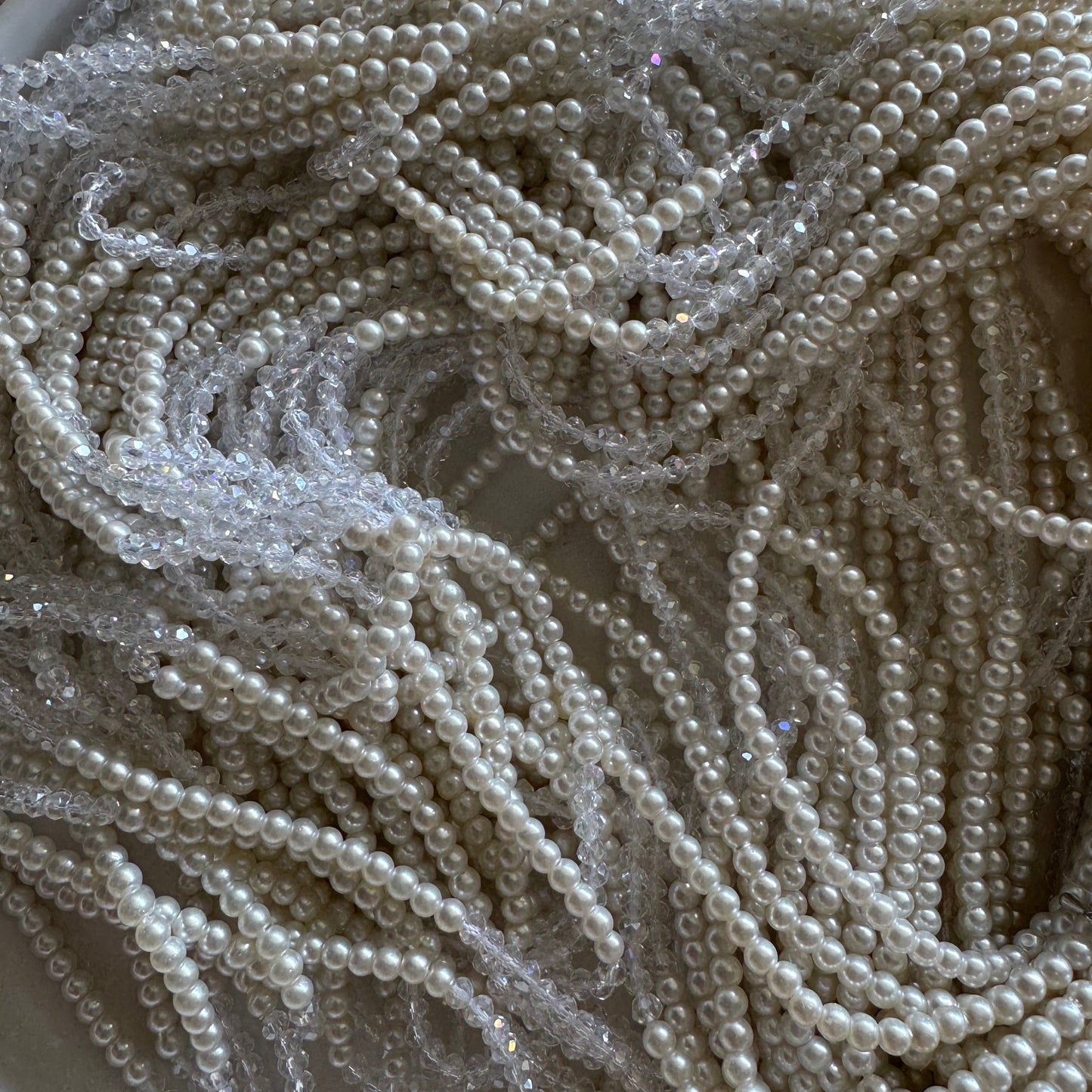 0009 3 Strand Beaded Necklace Two Tone, Clear & Pearl