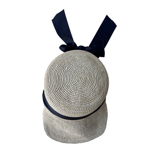 CAP, Raffia Cap with Black Bow - Size Large