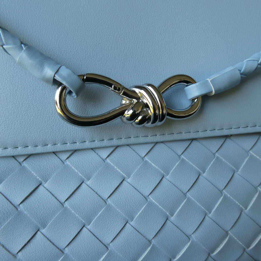 JACQUI, Sky Blue Leather Weave Bag