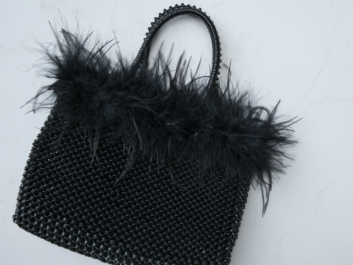 ROBERTA Woven PVC Bag with Fur Trim, Black