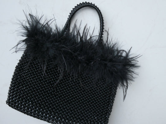 ROBERTA Woven PVC Bag with Fur Trim, Black