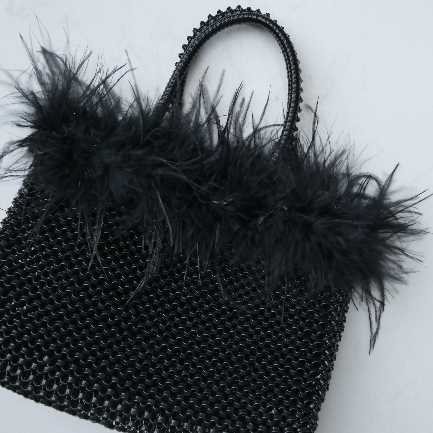 ROBERTA Woven PVC Bag with Fur Trim, Black
