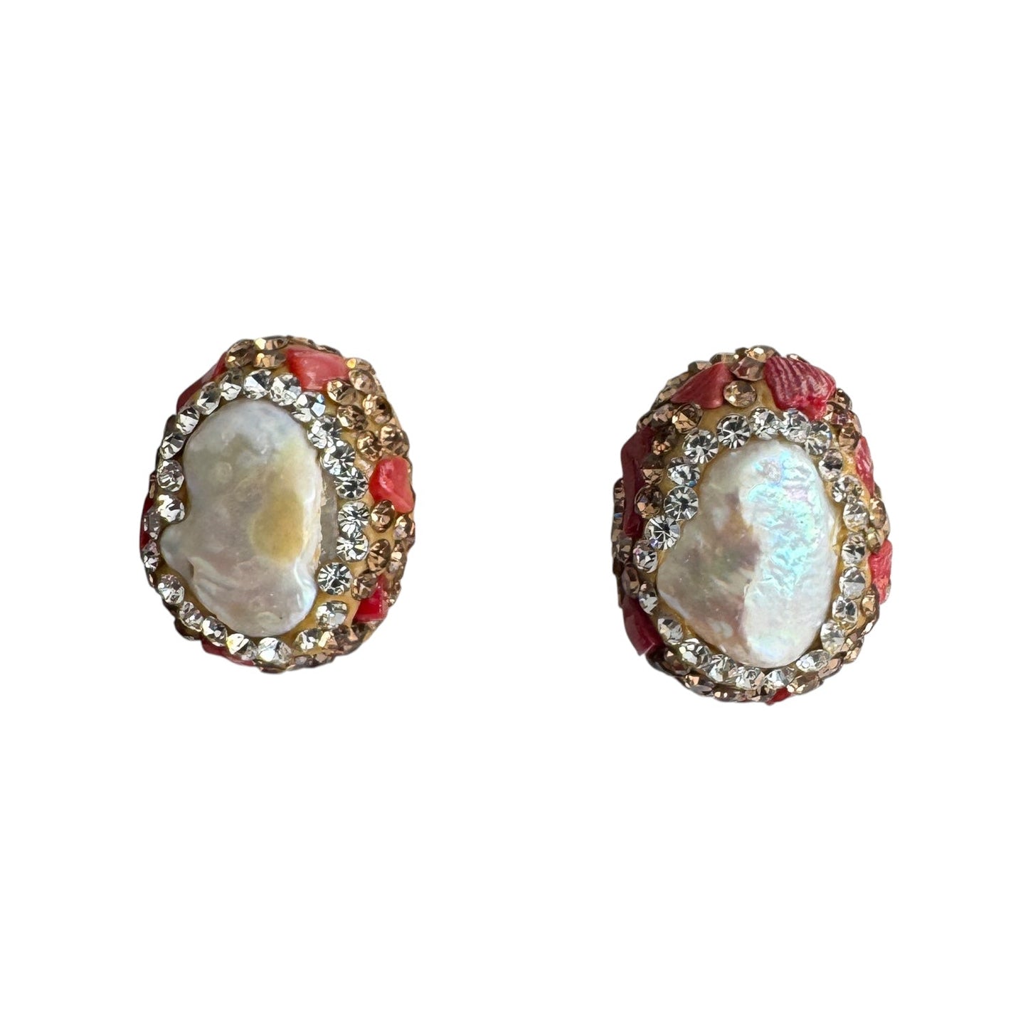 052 Pearl + Crystal Studs, Red Agate