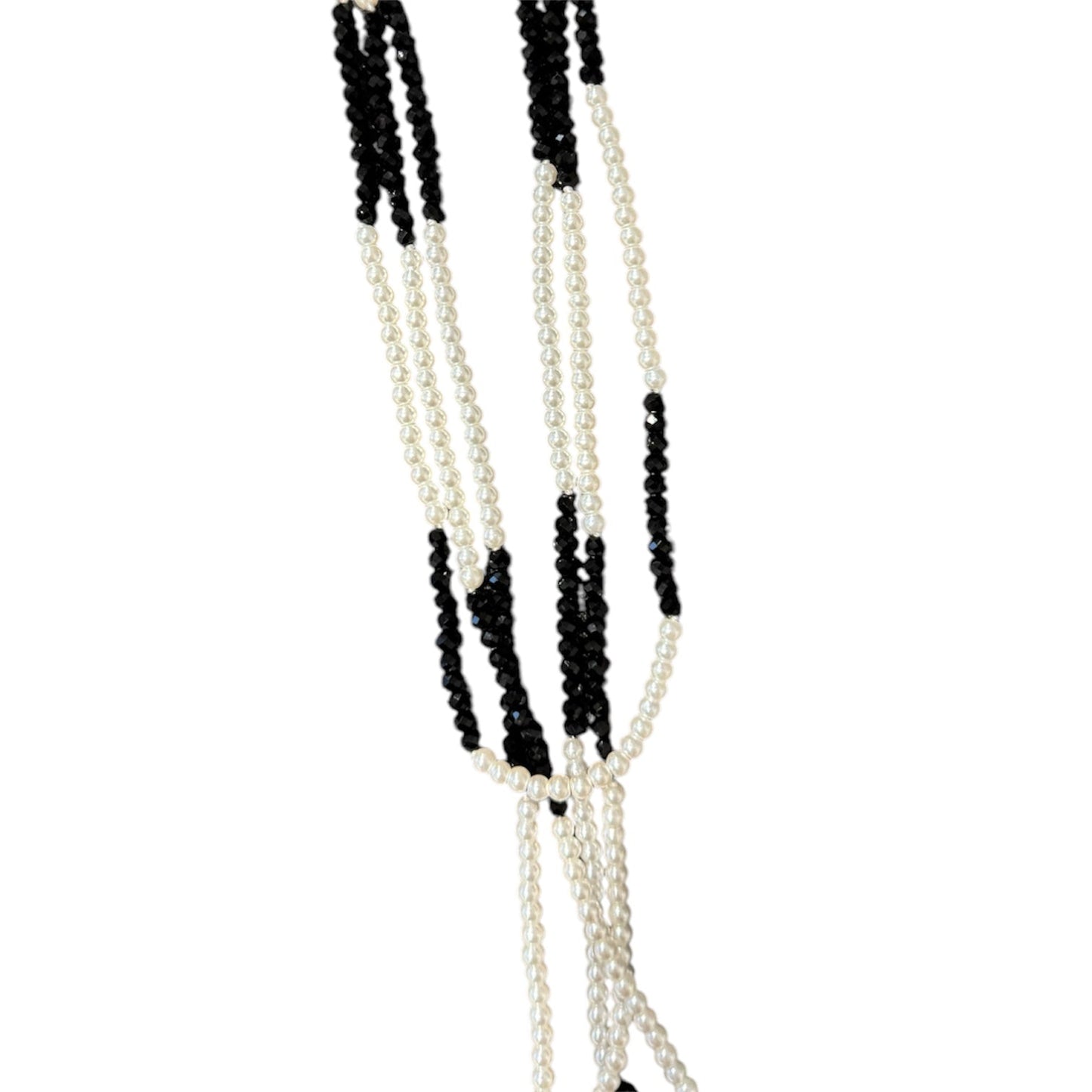 0009 3 Strand Beaded Necklace Two Tone, Black & Pearl