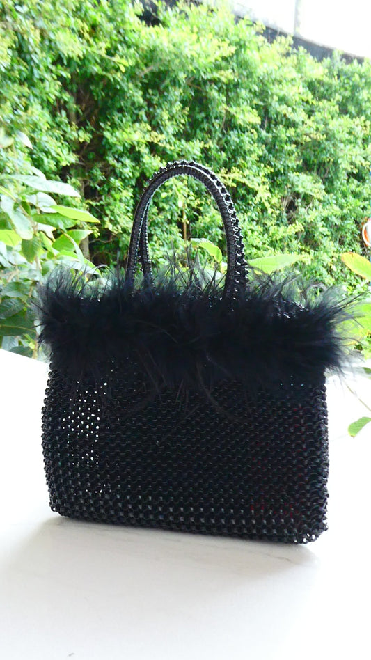 ROBERTA Woven PVC Bag with Fur Trim, Black